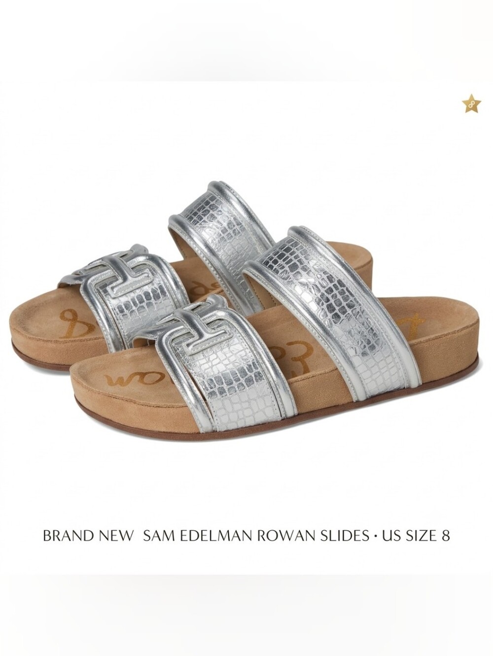 ​Sam Edelman Rowan Metallic Silver Croc Embossed Slide Sandals Size 8 NIB